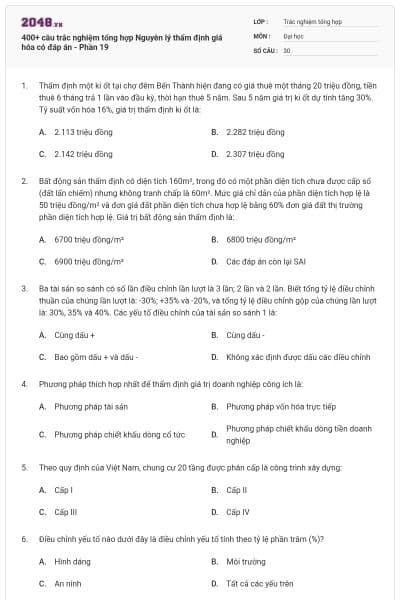 400+ câu trắc nghiệm tổng hợp Nguyên lý thẩm định giá hóa có đáp án - Phần 19