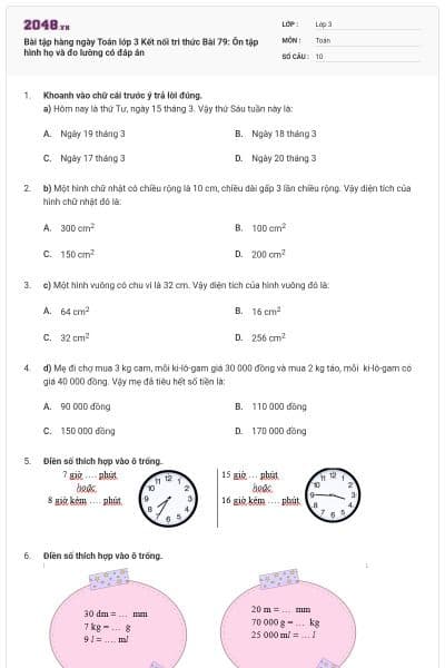 Bài tập hàng ngày Toán lớp 3 Kết nối tri thức Bài 79: Ôn tập hình họ và đo lường có đáp án