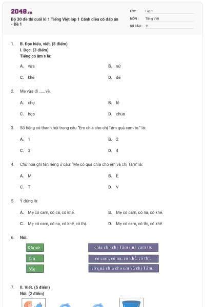 Bộ 30 đề thi cuối kì 1 Tiếng Việt lớp 1 Cánh diều có đáp án - Đề 1