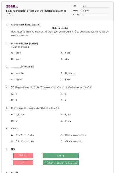 Bộ 30 đề thi cuối kì 1 Tiếng Việt lớp 1 Cánh diều có đáp án - Đề 2
