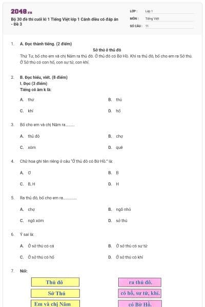 Bộ 30 đề thi cuối kì 1 Tiếng Việt lớp 1 Cánh diều có đáp án - Đề 3