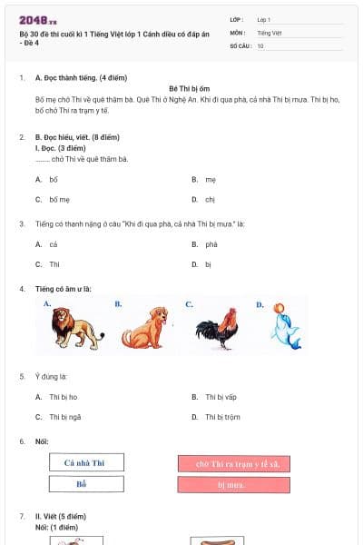Bộ 30 đề thi cuối kì 1 Tiếng Việt lớp 1 Cánh diều có đáp án - Đề 4
