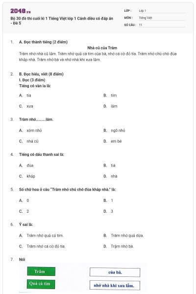 Bộ 30 đề thi cuối kì 1 Tiếng Việt lớp 1 Cánh diều có đáp án - Đề 5