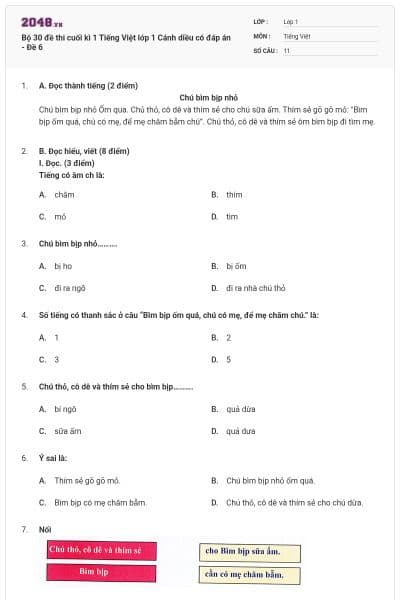 Bộ 30 đề thi cuối kì 1 Tiếng Việt lớp 1 Cánh diều có đáp án - Đề 6
