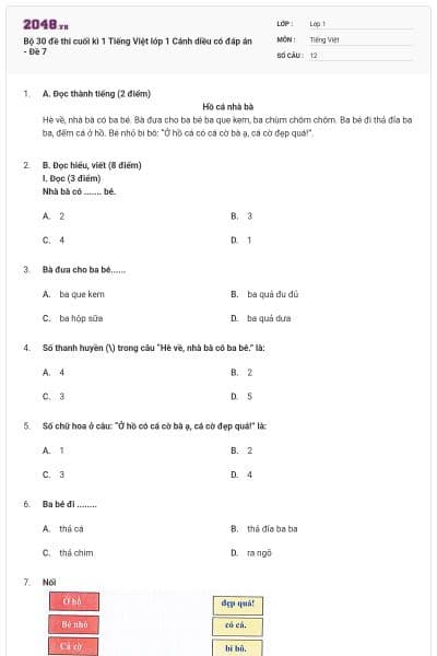 Bộ 30 đề thi cuối kì 1 Tiếng Việt lớp 1 Cánh diều có đáp án - Đề 7