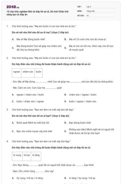 10 câu trắc nghiệm Nói và đáp lời an ủi, lời mời Chân trời sáng tạo có đáp án