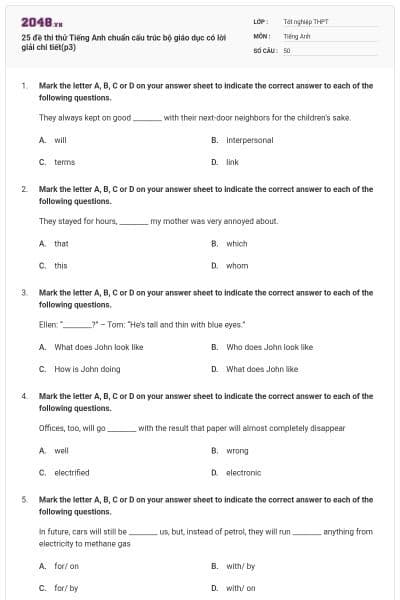 25 đề thi thử Tiếng Anh chuẩn cấu trúc bộ giáo dục có lời giải chi tiết(p3)