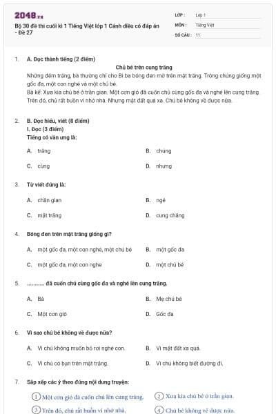 Bộ 30 đề thi cuối kì 1 Tiếng Việt lớp 1 Cánh diều có đáp án - Đề 27