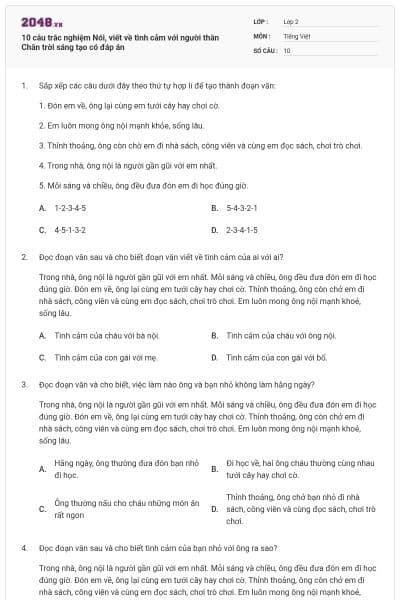 10 câu trắc nghiệm Nói, viết về tình cảm với người thân Chân trời sáng tạo có đáp án