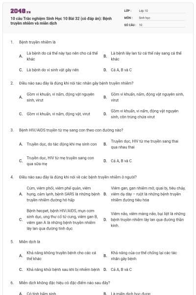 10 câu  Trắc nghiệm Sinh Học 10 Bài 32 (có đáp án): Bệnh truyền nhiễm và miễn dịch