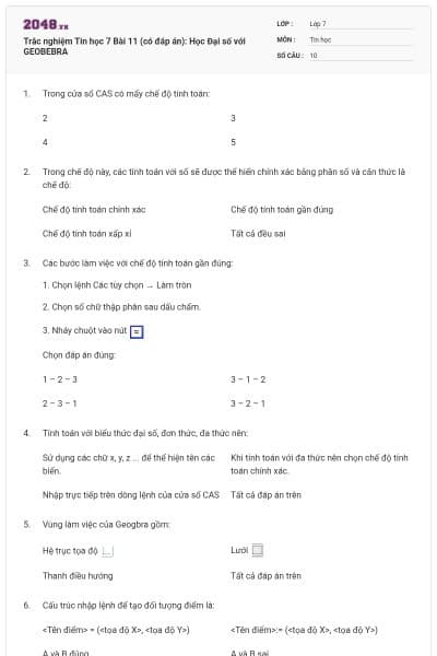 Trắc nghiệm Tin học 7 Bài 11 (có đáp án): Học Đại số với GEOBEBRA