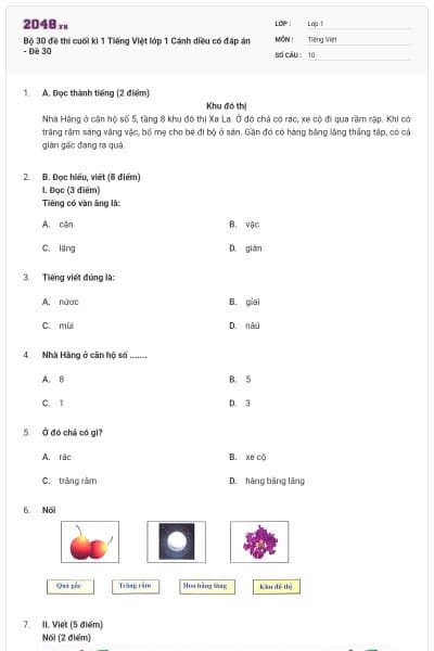 Bộ 30 đề thi cuối kì 1 Tiếng Việt lớp 1 Cánh diều có đáp án - Đề 30