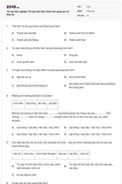 10 câu trắc nghiệm Tôi yêu Sài Gòn Chân trời sáng tạo có đáp án