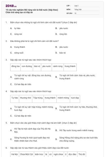 10 câu trắc nghiệm Mở rộng vốn từ Đất nước (tiếp theo) Chân trời sáng tạo có đáp án