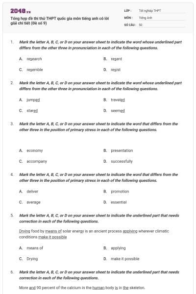 Tổng hợp đề thi thử THPT quốc gia môn tiếng anh có lời giải chi tiết (Đề số 9)