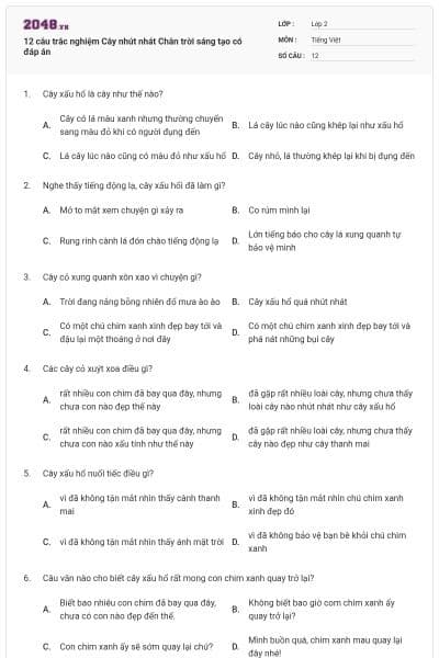 12 câu trắc nghiệm Cây nhút nhát Chân trời sáng tạo có đáp án