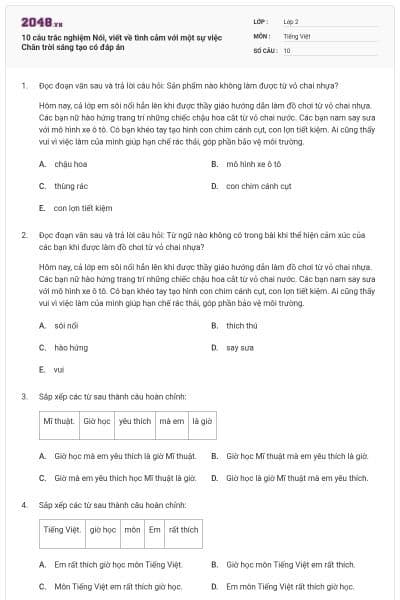 10 câu trắc nghiệm Nói, viết về tình cảm với một sự việc Chân trời sáng tạo có đáp án