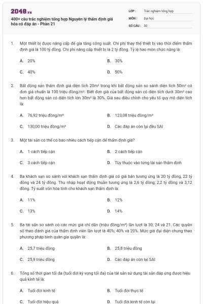 400+ câu trắc nghiệm tổng hợp Nguyên lý thẩm định giá hóa có đáp án - Phần 21