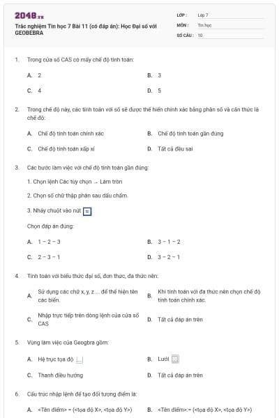 Trắc nghiệm Tin học 7 Bài 11 (có đáp án): Học Đại số với GEOBEBRA