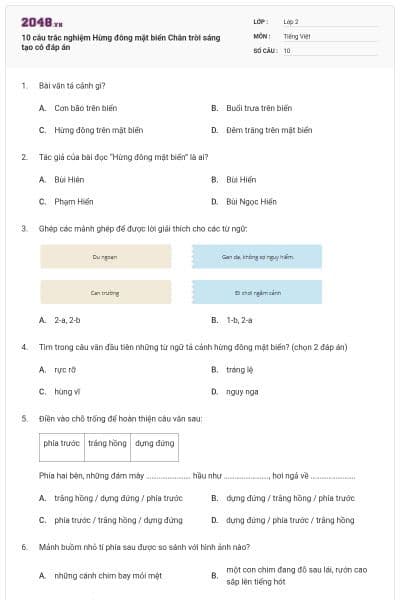 10 câu trắc nghiệm Hừng đông mặt biển Chân trời sáng tạo có đáp án