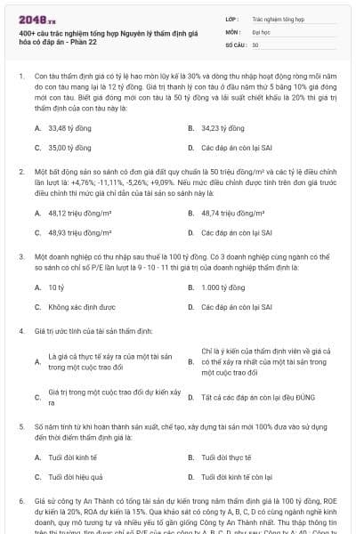 400+ câu trắc nghiệm tổng hợp Nguyên lý thẩm định giá hóa có đáp án - Phần 22