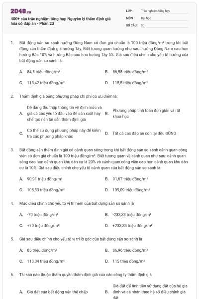400+ câu trắc nghiệm tổng hợp Nguyên lý thẩm định giá hóa có đáp án - Phần 23