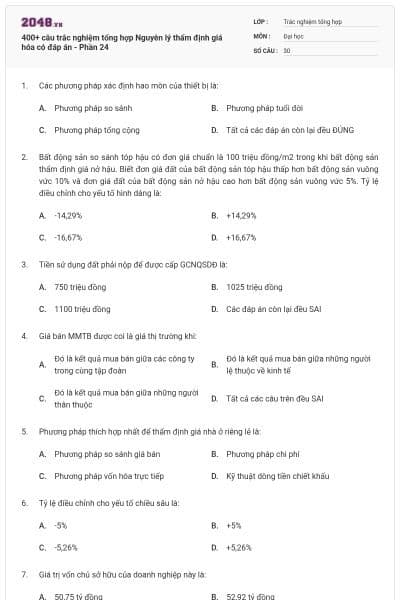 400+ câu trắc nghiệm tổng hợp Nguyên lý thẩm định giá hóa có đáp án - Phần 24