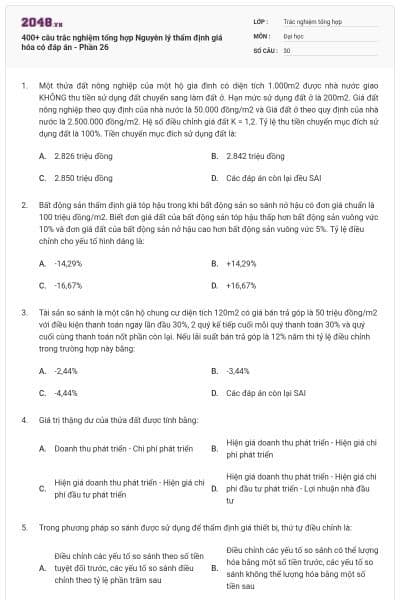 400+ câu trắc nghiệm tổng hợp Nguyên lý thẩm định giá hóa có đáp án - Phần 26