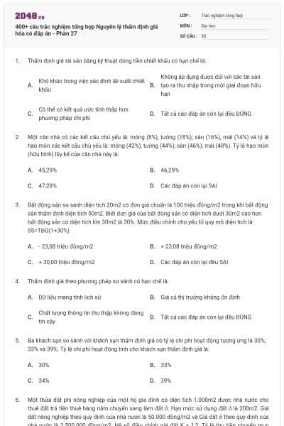 400+ câu trắc nghiệm tổng hợp Nguyên lý thẩm định giá hóa có đáp án - Phần 27