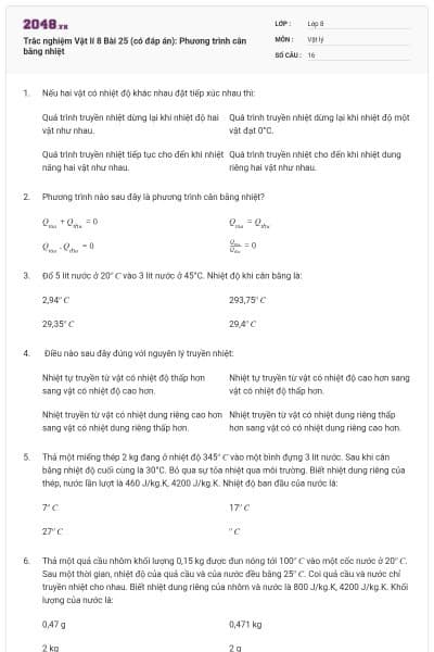 Trắc nghiệm Vật lí 8 Bài 25 (có đáp án): Phương trình cân bằng nhiệt