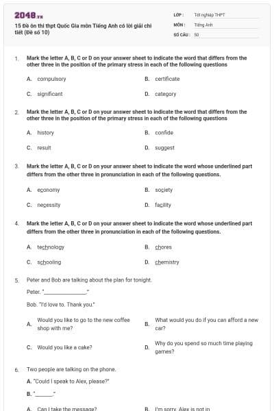 15 Đề ôn thi thpt Quốc Gia môn Tiếng Anh có lời giải chi tiết (Đề số 10)