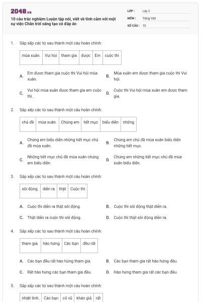 10 câu trắc nghiệm Luyện tập nói, viết về tình cảm với một sự việc Chân trời sáng tạo có đáp án