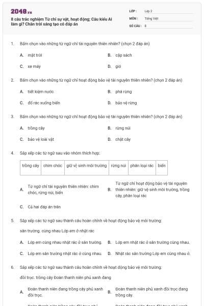 8 câu trắc nghiệm Từ chỉ sự vật, hoạt động; Câu kiểu Ai làm gì? Chân trời sáng tạo có đáp án