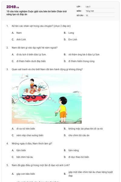 10 câu trắc nghiệm Cuộc giải cứu bên bờ biển Chân trời sáng tạo có đáp án