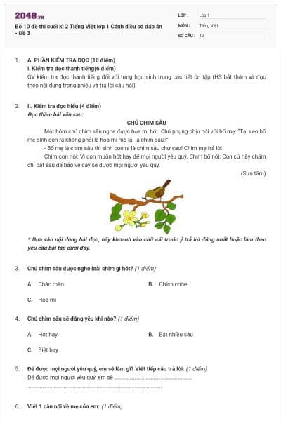 Bộ 10 đề thi cuối kì 2 Tiếng Việt lớp 1 Cánh diều có đáp án - Đề 3