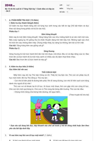 Bộ 10 đề thi cuối kì 2 Tiếng Việt lớp 1 Cánh diều có đáp án - Đề 5