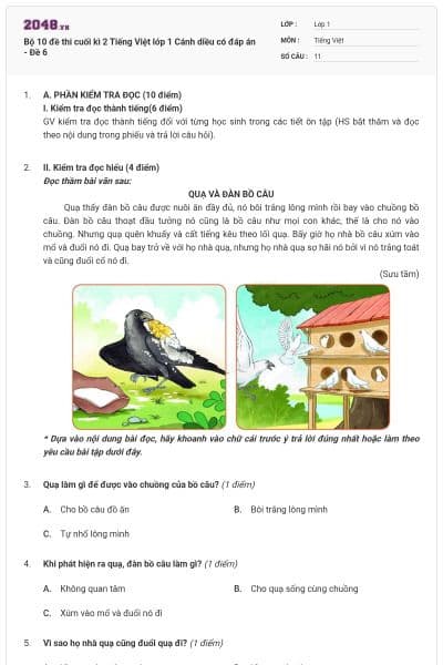 Bộ 10 đề thi cuối kì 2 Tiếng Việt lớp 1 Cánh diều có đáp án - Đề 6