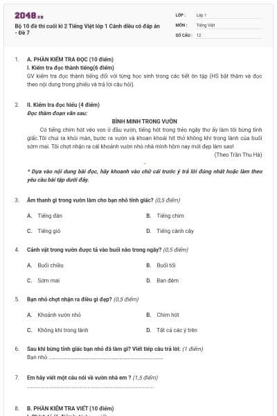Bộ 10 đề thi cuối kì 2 Tiếng Việt lớp 1 Cánh diều có đáp án - Đề 7