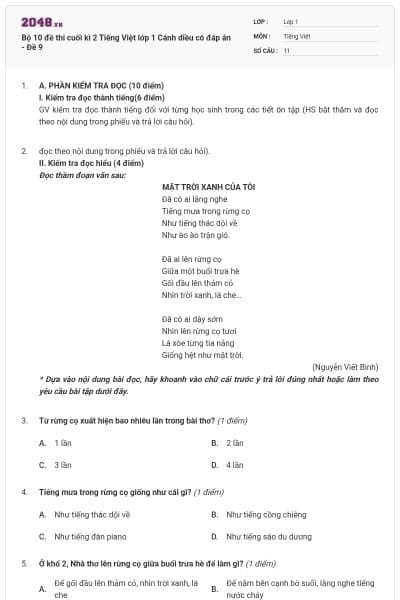 Bộ 10 đề thi cuối kì 2 Tiếng Việt lớp 1 Cánh diều có đáp án - Đề 9