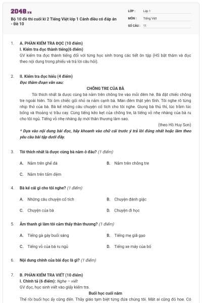Bộ 10 đề thi cuối kì 2 Tiếng Việt lớp 1 Cánh diều có đáp án - Đề 10