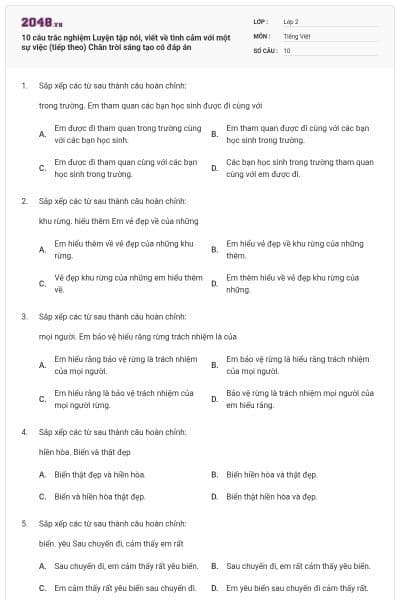 10 câu trắc nghiệm Luyện tập nói, viết về tình cảm với một sự việc (tiếp theo) Chân trời sáng tạo có đáp án