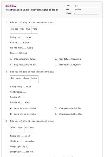 9 câu trắc nghiệm Ôn tập 1 Chân trời sáng tạo có đáp án