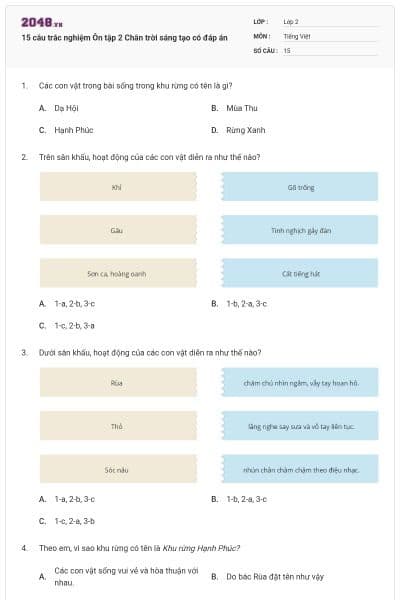 15 câu trắc nghiệm Ôn tập 2 Chân trời sáng tạo có đáp án