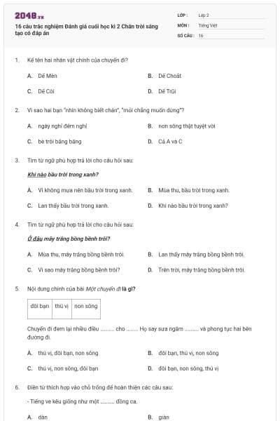 16 câu trắc nghiệm Đánh giá cuối học kì 2 Chân trời sáng tạo có đáp án
