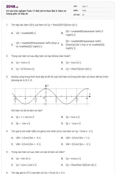 22 câu trắc nghiệm Toán 11 Kết nối tri thức Bài 3: Hàm số lượng giác có đáp án