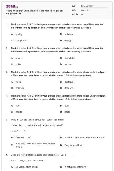 15 Đề ôn thi thpt Quốc Gia môn Tiếng Anh có lời giải chi tiết (Đề số 15)