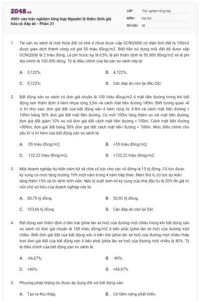 400+ câu trắc nghiệm tổng hợp Nguyên lý thẩm định giá hóa có đáp án - Phần 31