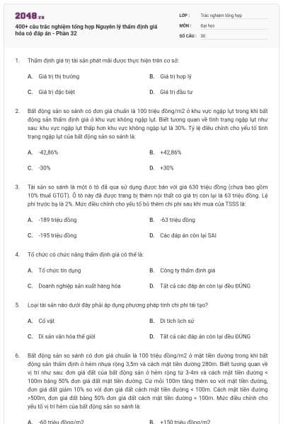 400+ câu trắc nghiệm tổng hợp Nguyên lý thẩm định giá hóa có đáp án - Phần 32