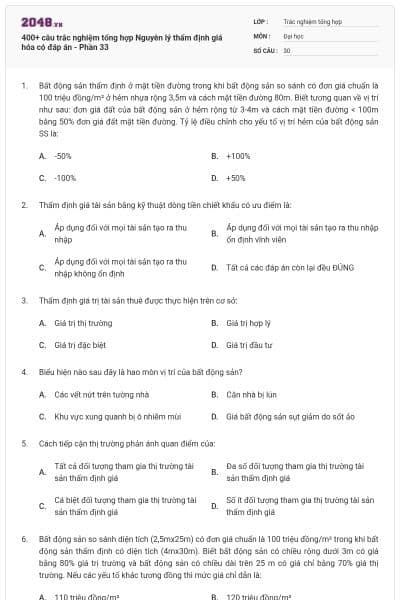 400+ câu trắc nghiệm tổng hợp Nguyên lý thẩm định giá hóa có đáp án - Phần 33