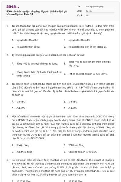 400+ câu trắc nghiệm tổng hợp Nguyên lý thẩm định giá hóa có đáp án - Phần 35